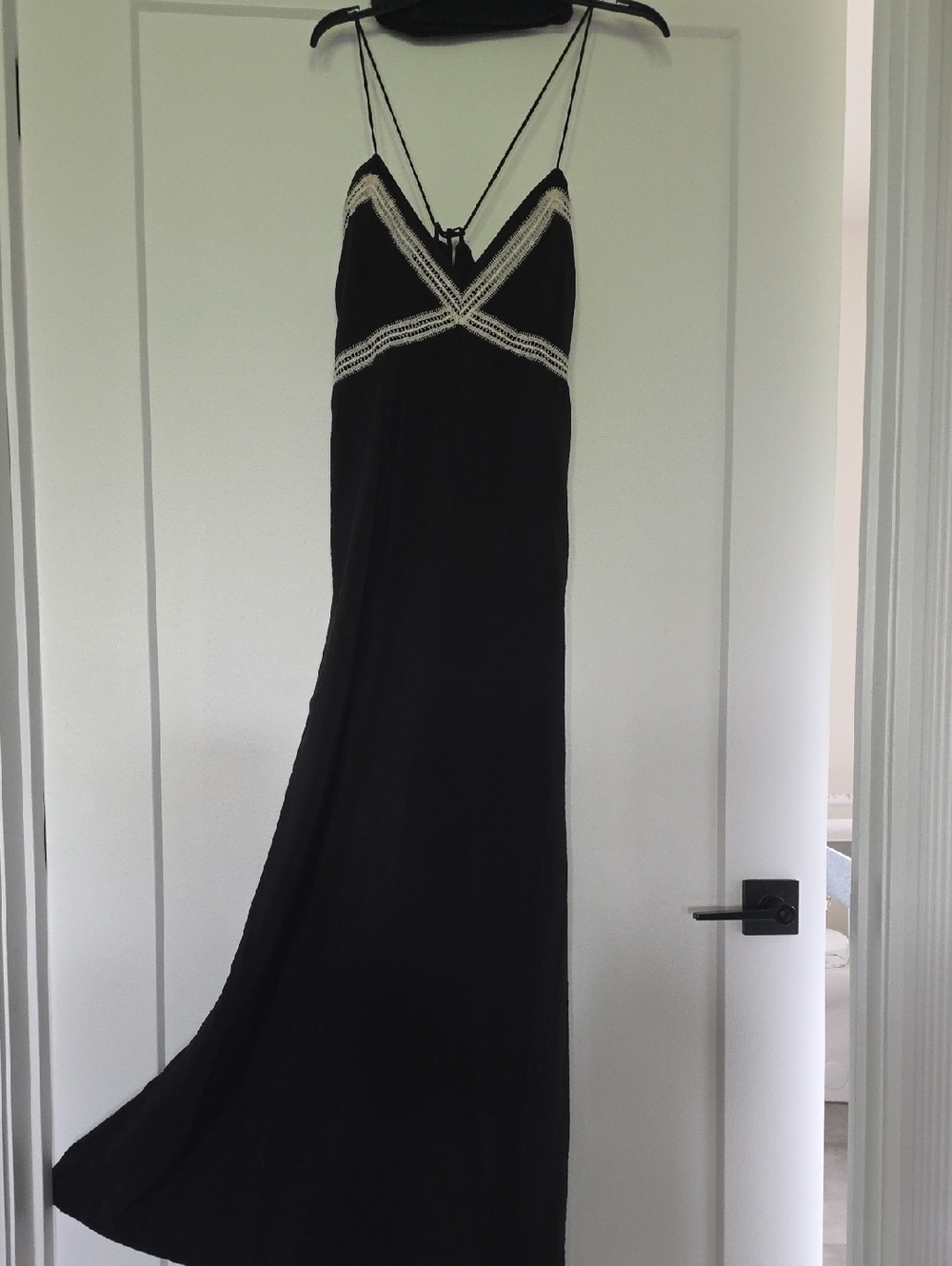 Black Spaghetti-Strap Maxi Dress with Cream Trim